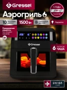 Аэрогриль GRESSEL GAF-1822 с дисплеем, 10 программ, Сенсорное управление, Подсветка, Металлическая решетка и чаша с антипригарным покрытием, Объём 6л, Защита от перегрева, Мощность 1500Вт, черный