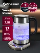 Электрический умный чайник Gressel GRK-1102 с регулировкой температуры, стеклянный с подсветкой, 1,7л, STRIX-контроллер