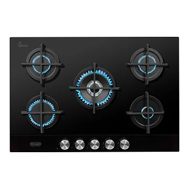 Газовая варочная панель DeLonghi, NSL 575 NC RUS, 75 см, 5 конфорок, автоматический розжиг, газ-контроль, черное стекло