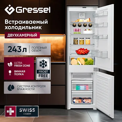 Встраиваемый холодильник Gressel RUBW7736400 Frost free, 243л, fresh zone, винная полка