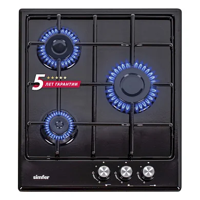 Газовая варочная панель Simfer H45V30B470 (эмалированные решётки, автоподжиг, черная)